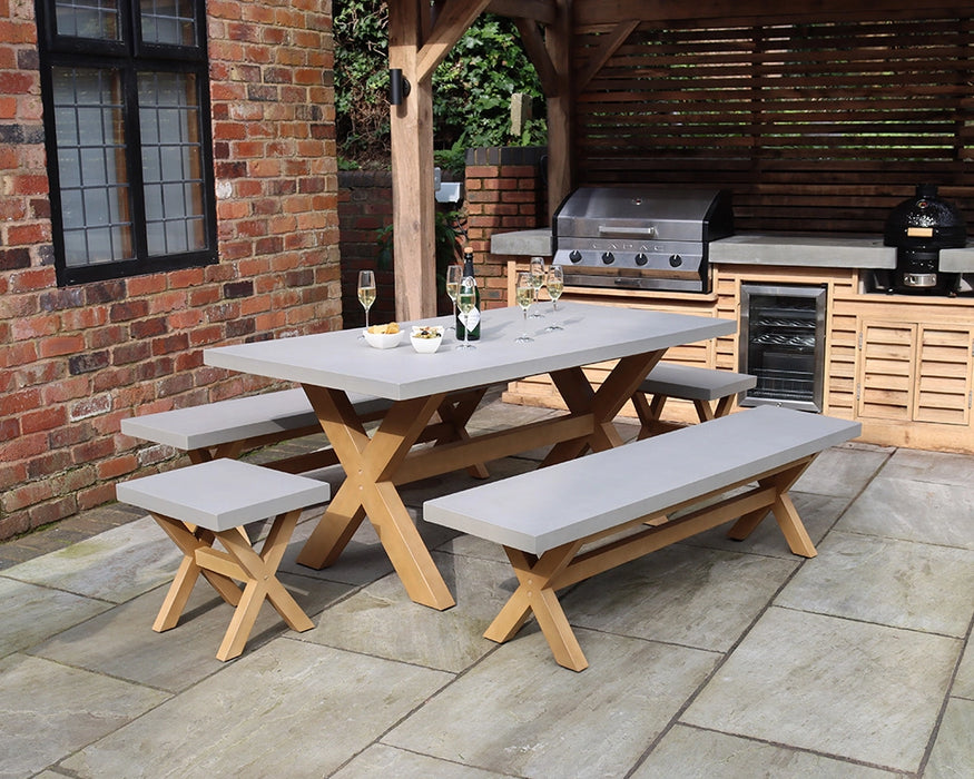 Luna Concrete Table and Bench Set on Patio