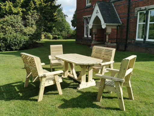 6 Seat Wooden dining set with 2 seats and 2 companion benches